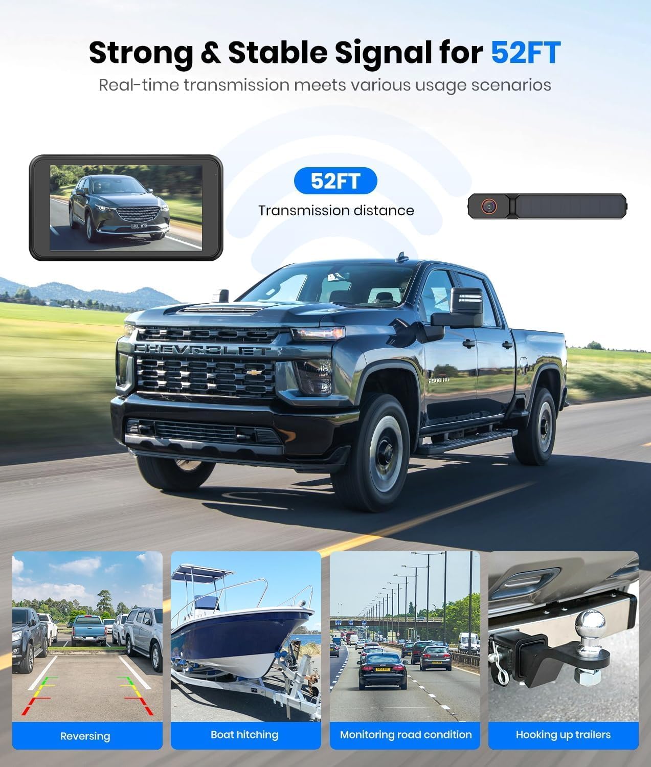 AUTO-VOX Solar Wireless Backup Camera: 5" 1080P Monitor, 2 Min Easy Install | 2 Split Screen & 5000mAh Battery Back Up Camera, IP69K Waterproof Reverse Camera for Car, Van, SUV, Truck, Trailer