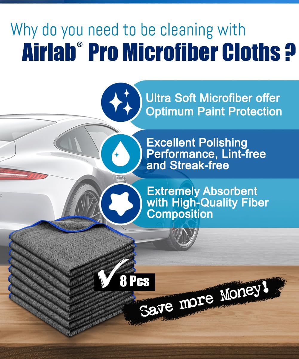 Airlab Glass Polishing Cloth Lint Free Microfiber Cleaning Rags, Pack of 6 and Microfiber Towels for Cars Wash & Drying All-Purpose Cleaning Cloths, Pack of 8