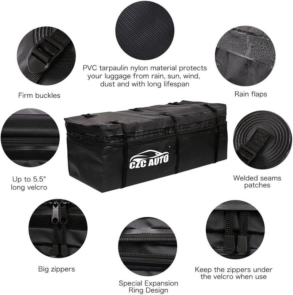 CZC AUTO Expandable Hitch Cargo Carrier Bag 9.5 cu. ft Extends to 11.6 cu. ft, Waterproof/Rainproof/Weatherproof, for Car Truck SUV Vans' Hitch Trays Hitch Baskets, Safe Steady Durable Soft Black