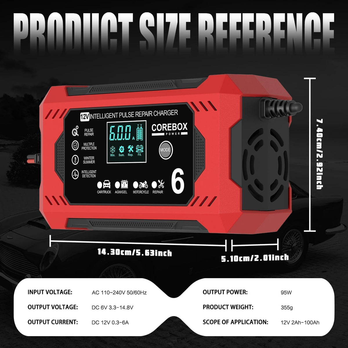 Corebox Battery Charger 6-Amp 12V Automatic Smart Battery Trickle Charger