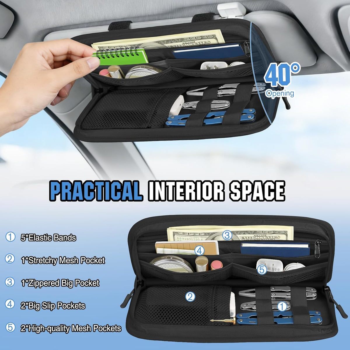 HUANLANG Car Sun Visor Organizer, Tactical Car Accessories with Zipper Storage Pouch, Glasses Clip Card Sleeve Pocket, Multi-Pocket Visor Organizer Fits Most Cars, SUVs, Trucks