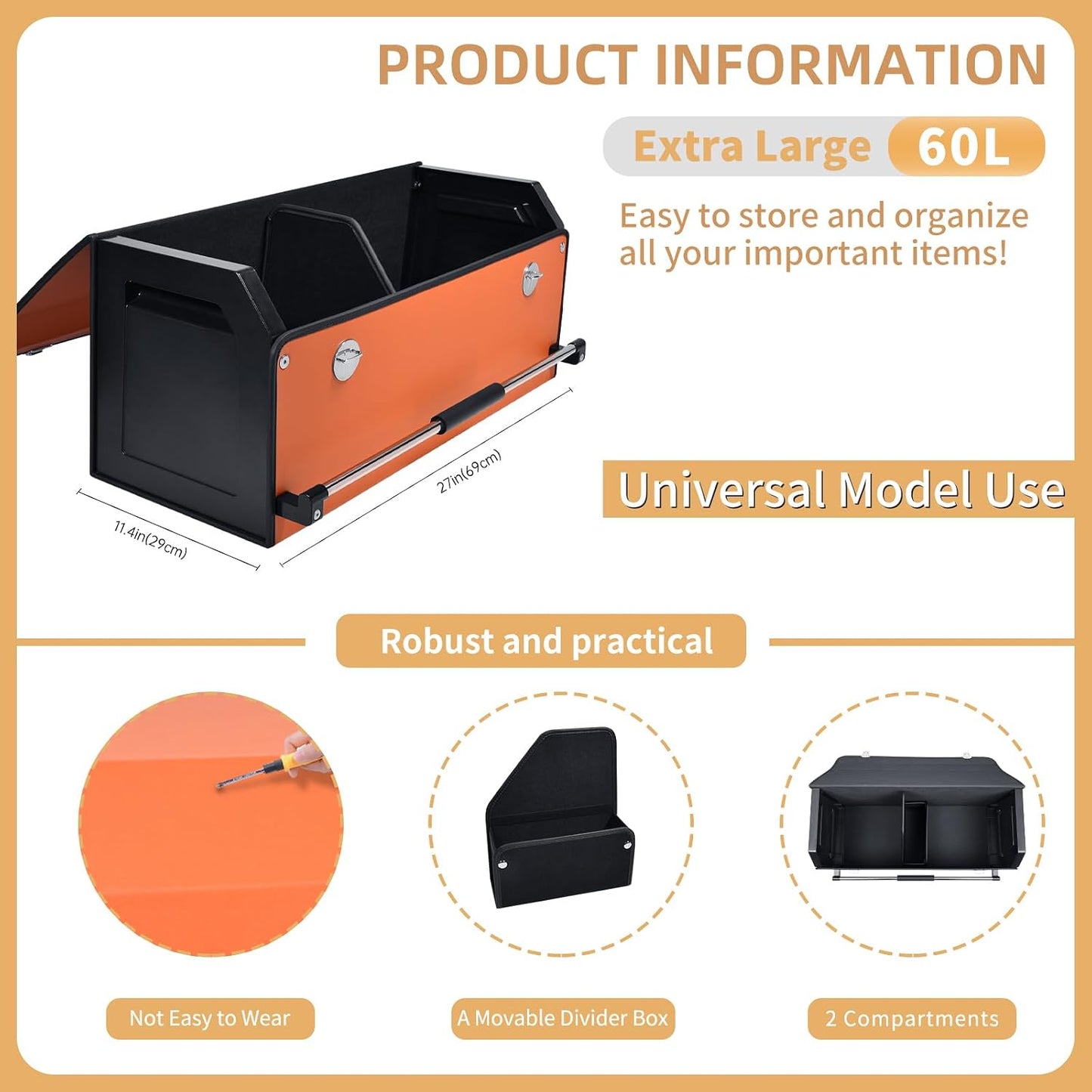 XCF Car Trunk Organizer for SUV, Collapsible Leather Car Storage Trunk Organizer with Lid and Sturdy Handle Car Trunk Leather Storage Box (Orange, 27.1 x 11.4 x 12.2in)