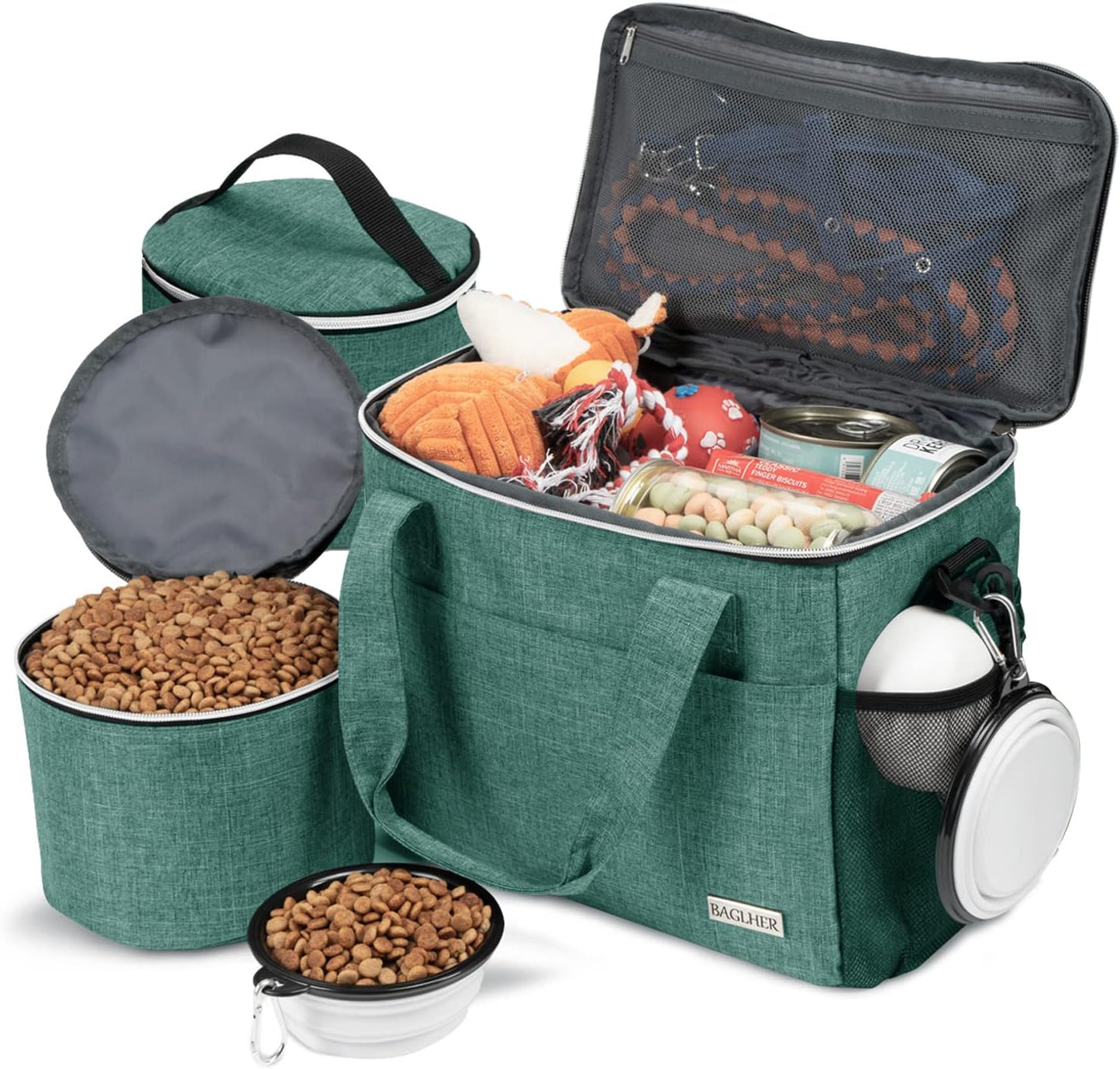 BAGLHER Dog Travel Bag Backpack Pet Supplies Backpack Pet Accessories Storage Bag 5-Piece Set With Shoulder Strap 2 Lined Pet Food Containers 2 Foldable Feeding Bowls Essential Kit for Pet travel