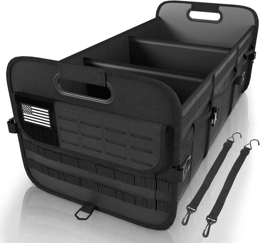 Sposuit Car Trunk Organizer for SUV - 105L Collapsible Tactical MOLLE Car Storage with Reinforced Handles & Multiple Pockets, Sturdy Trunk Organizers for Groceries, Tools & Outdoor Storage (Black)