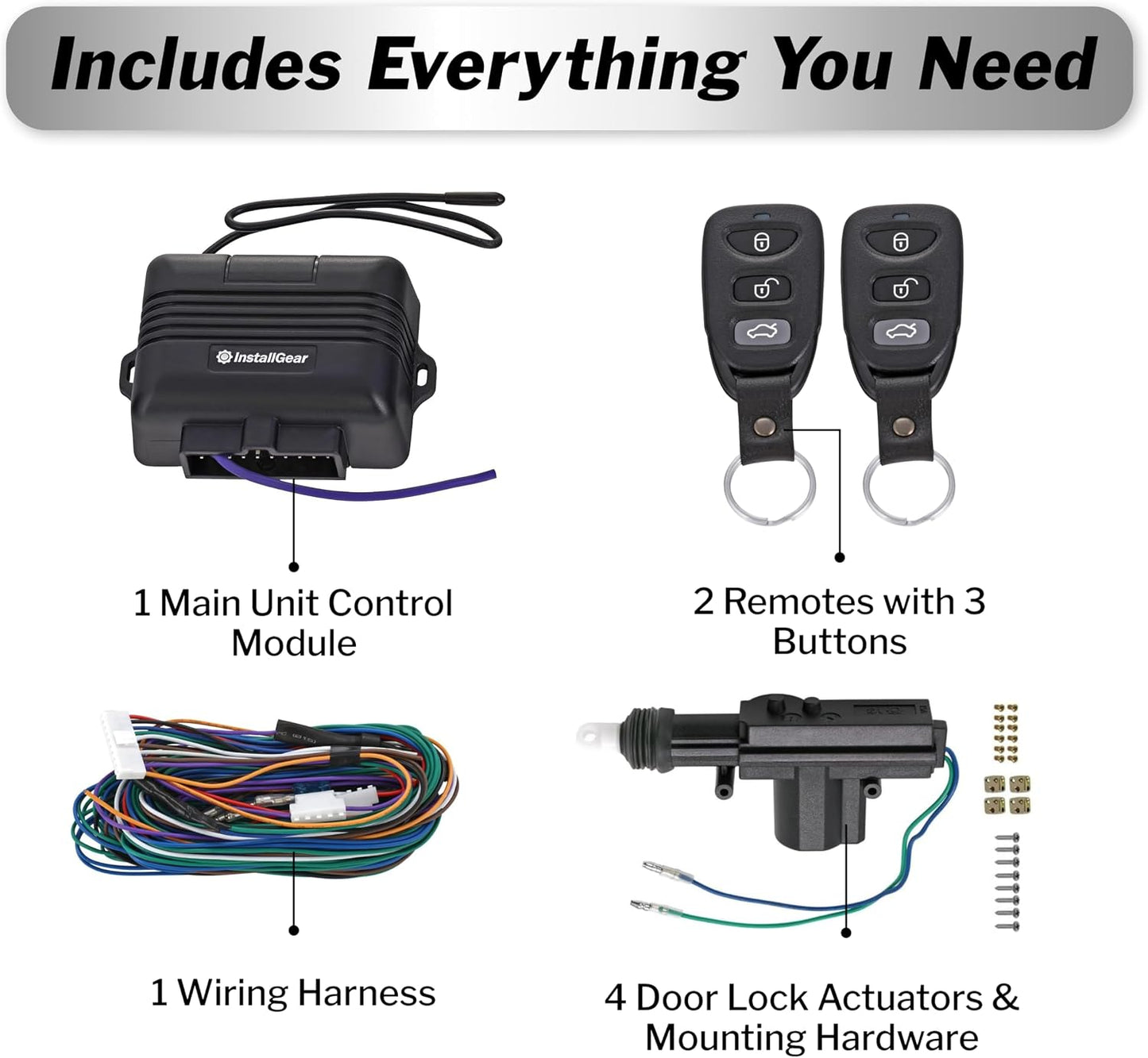 InstallGear Keyless Entry System with Two 3-Button Remotes and 4 Door Actuators - Central Locking System for Car, Auto, Truck - Power Lock Kit