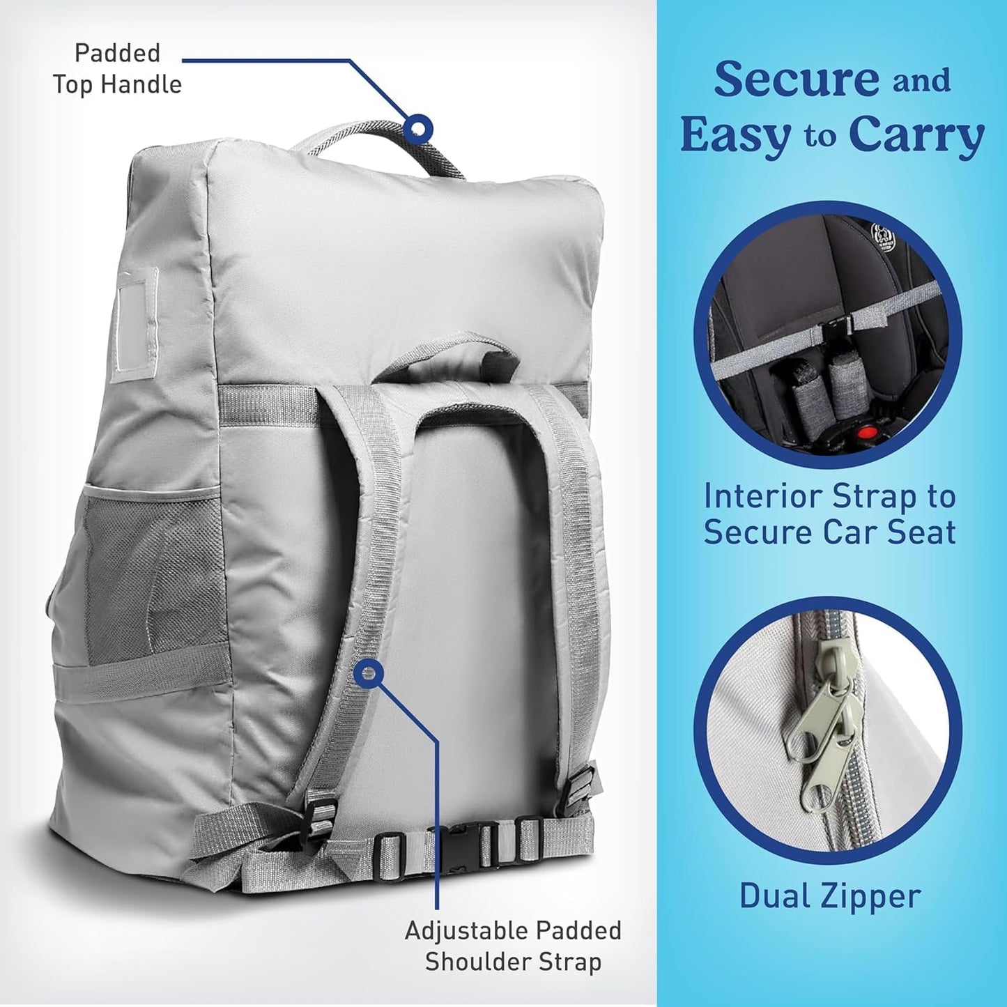 Graco Padded Car Seat Travel Bag & Infant Carrier Backpack, Gray | Durable Large Back Pack for Carseats & Booster Seats, Airport Gate Check Bag Luggage, Water Resistant Material