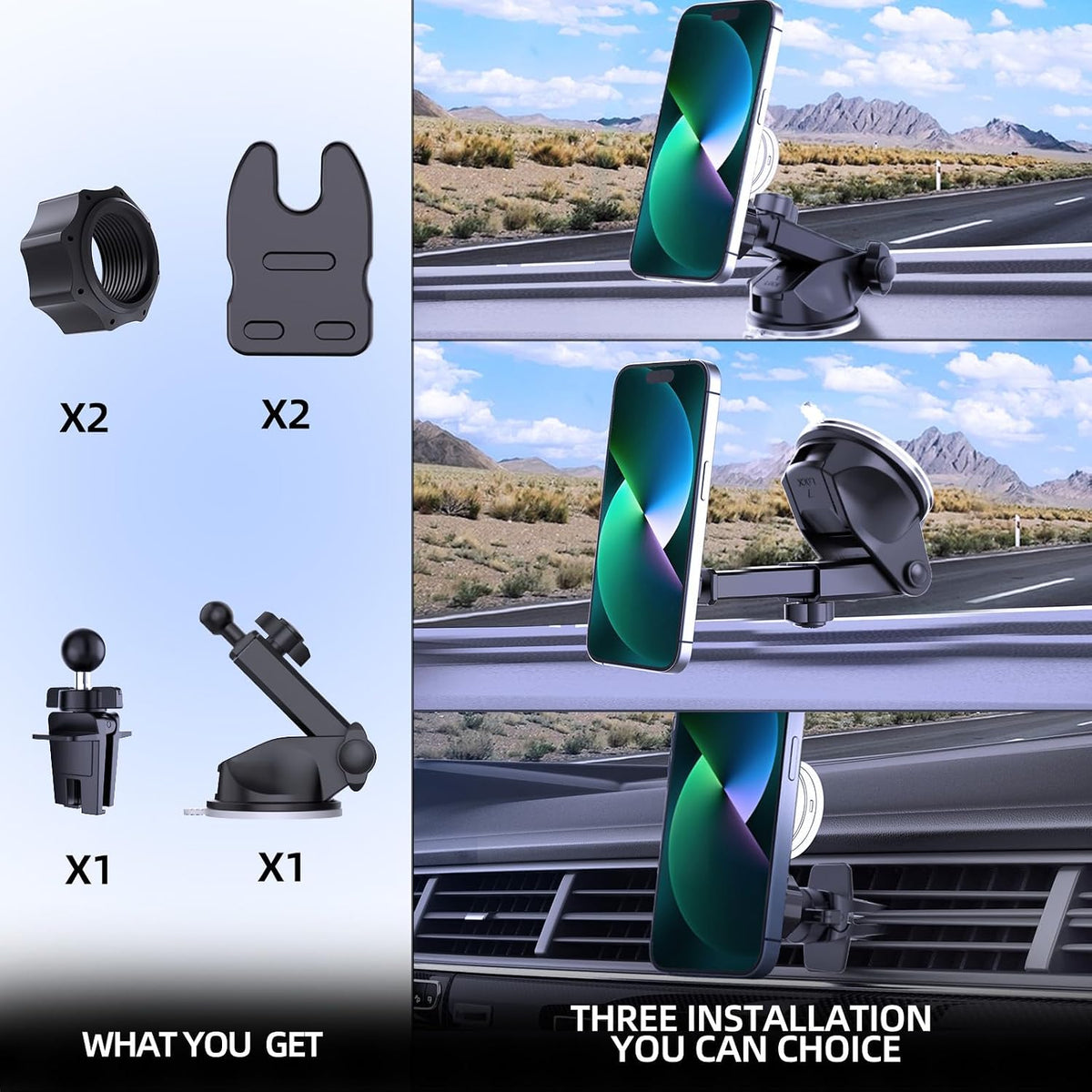 Socket Car Mount for Dashboard Air Vent Windshield,Car Phone Holder for Socket Grip with 2 Mounts,3 in 1 Stable Air Vent Clip Powerful Suction Cup Phone Holder Fit for All Car