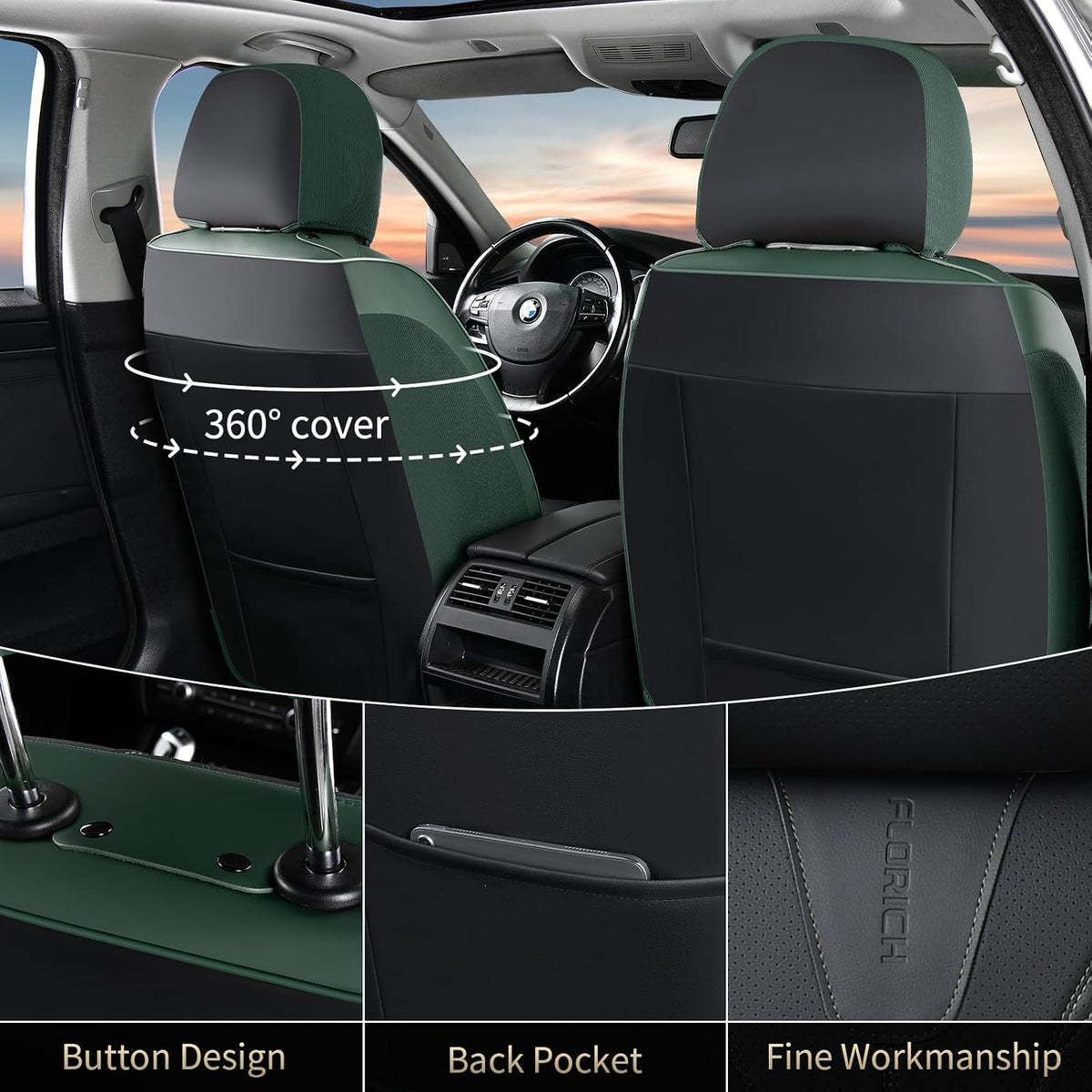 FLORICH Leather Seat Covers Full Set Automotive Car Seat Cover Front and Back Waterproof Auto Seat Covers Full Coverage Car Seat Protector Cushion Universal Fit for Most Cars SUV Trucks, Black&Green