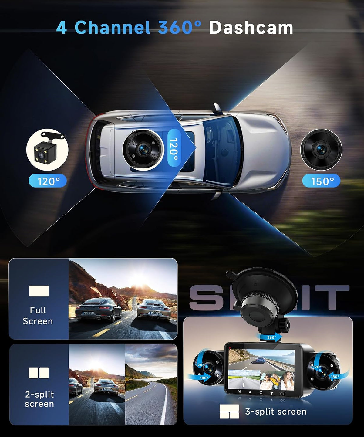 360° Dash Cam Front and Rear Inside Left Right, 4 Channel FHD 1080P Dash Cam for Cars, 3" Dashcams with 64G TF Card 8 IR Night Vision, Loop Recording, G-Sensor, 24H Parking Mode Monitor