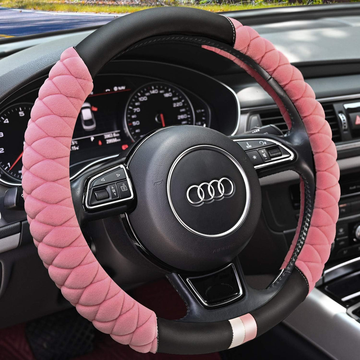 HAOKAY Luxury Fluffy Steering Wheel Cover for Men Women,Soft Warm Short Plush Steering Wheel Cover Black Fuzzy with Universal 14.5-15 Inch