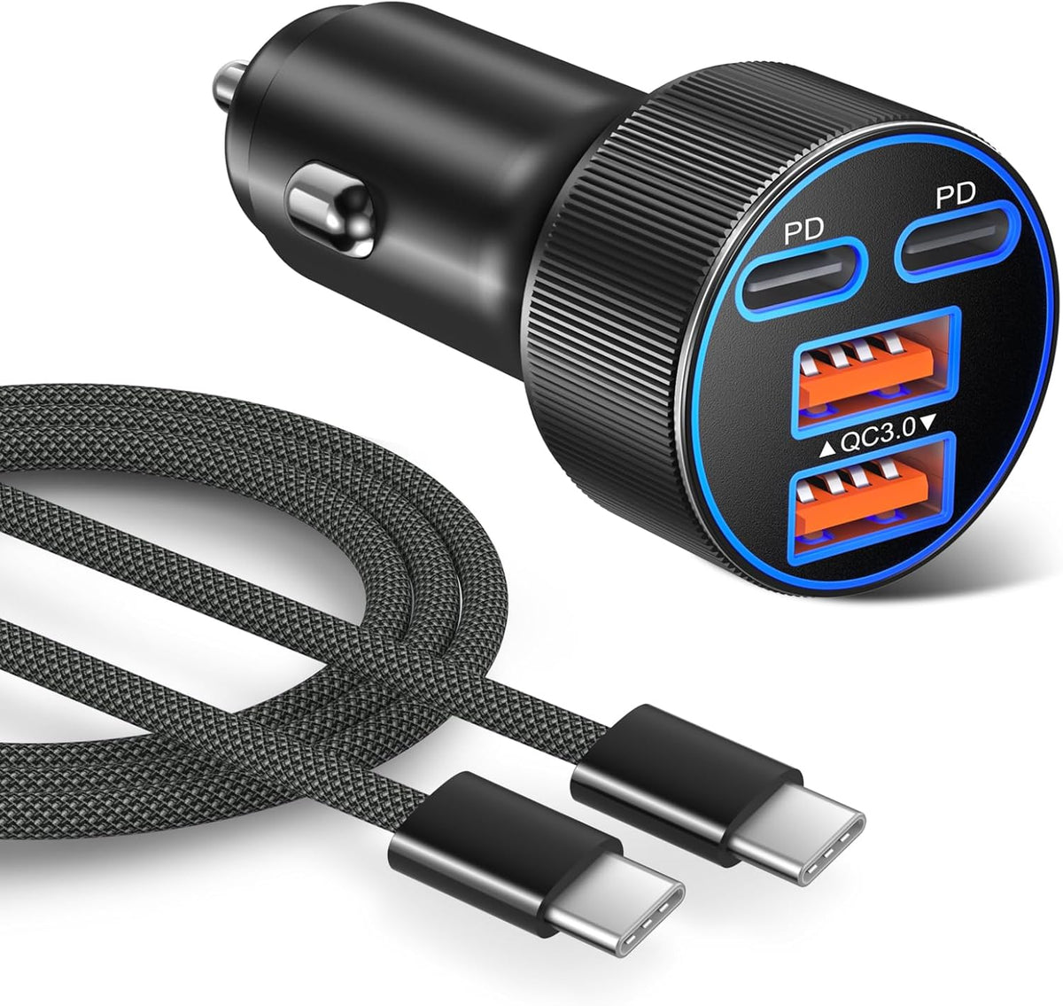 Super Fast Type C Car Charger, Besgoods Dual 45W USB C 4-Port Cigarette Lighter Adapter Compatible with Galaxy S26 S25 Ultra FE S24 S22 iPhone 17 16 15 Pro Max, with 6ft Braided USB C to C Cable