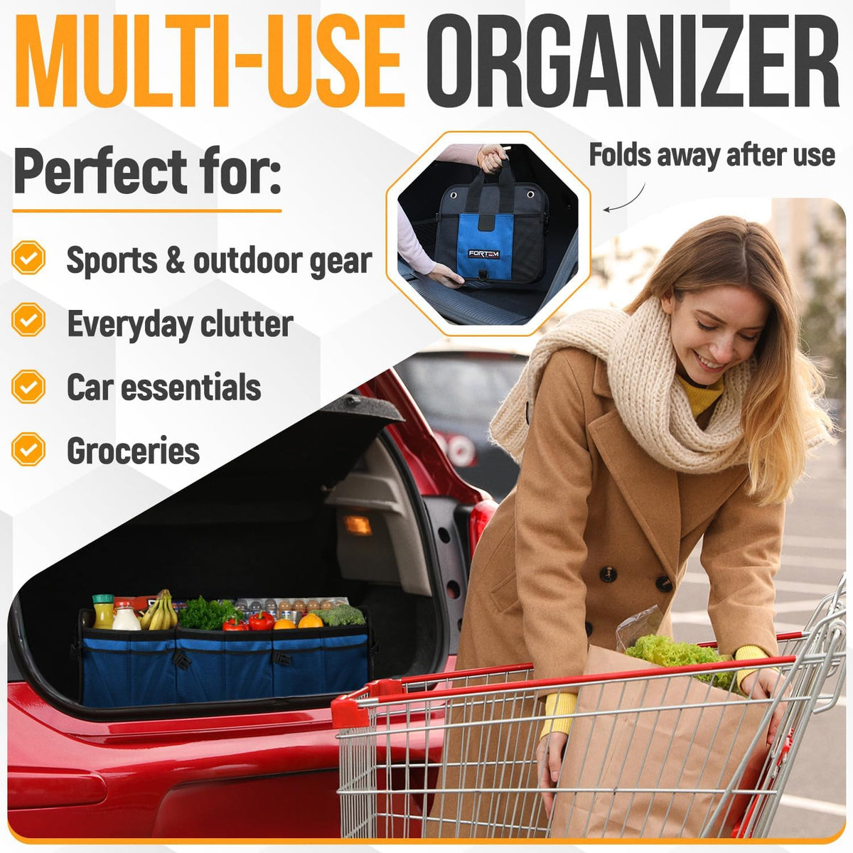 FORTEM Trunk Organizer For SUV Car Organizer and Storage, Multi-Compartment Storage Bag Car Accessories for Women Men, Perfect Christmas Gifts, 1680D Oxford, Non Slip Bottom, Straps, Soft Cover (90L)