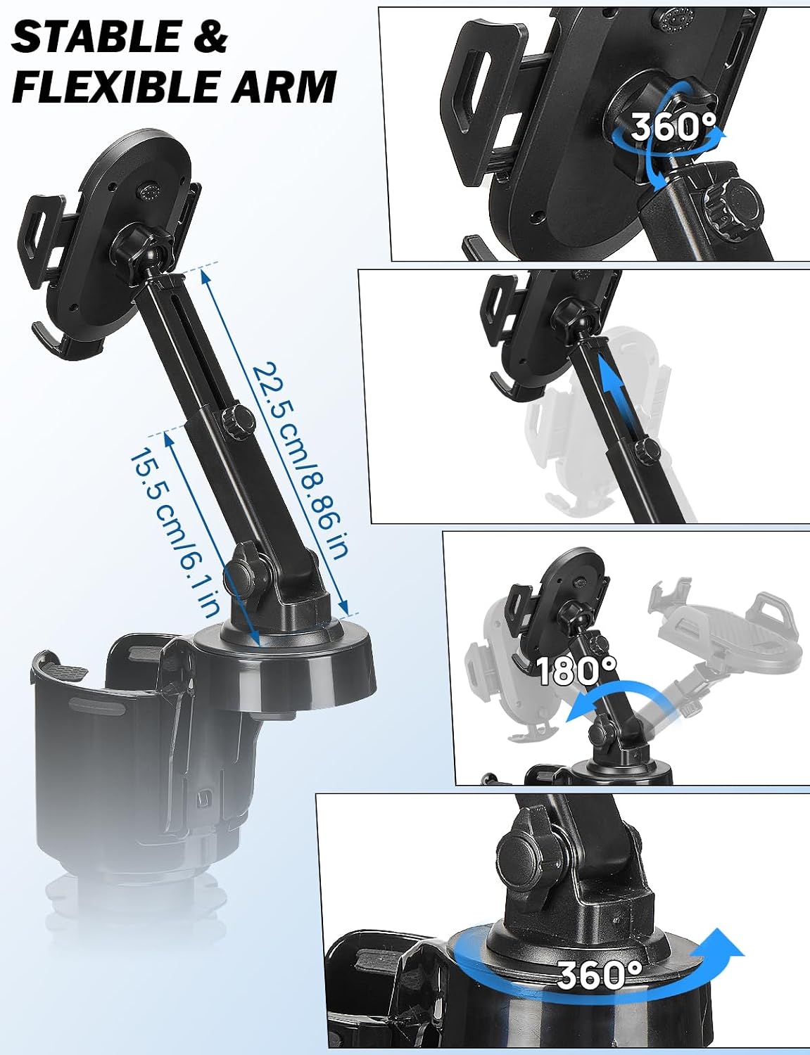 JOYTUTUS Cup Holder Phone Mount for Car, Car Cellphone Large Adapter Long Arm with 360 Degree Rotation, Compatible with iPhone, Samsung & All Smartphones,Black,1 Pack