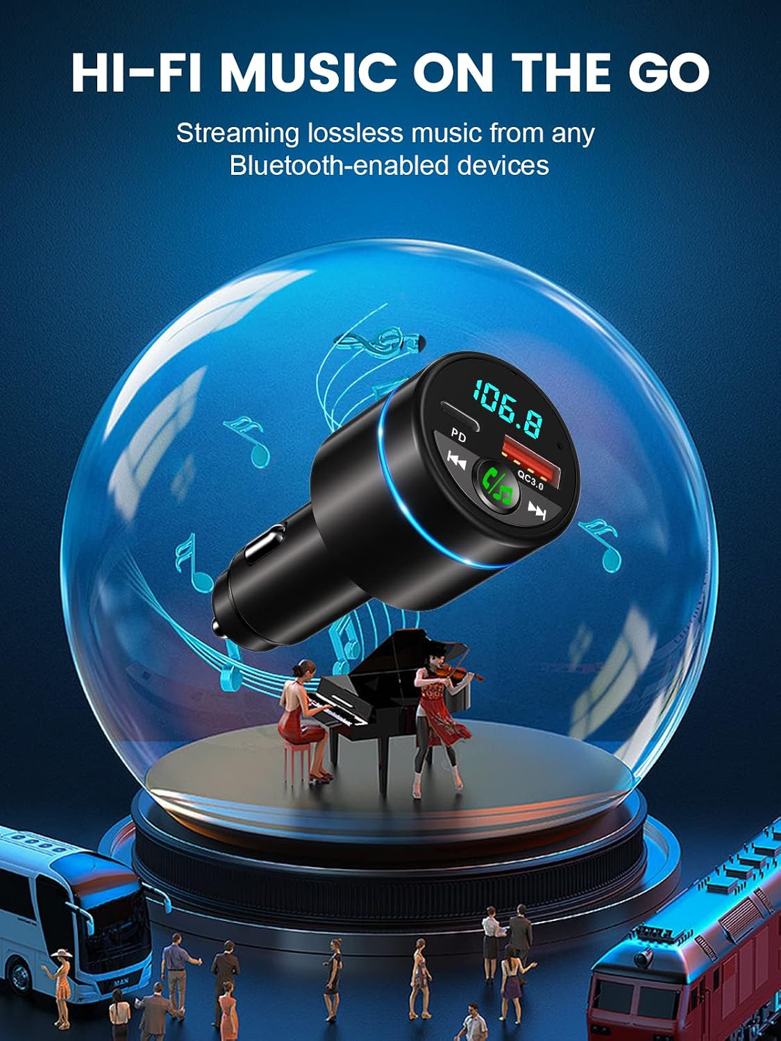 RIWUSI FM Transmitter for Car Bluetooth 5.3, [All-Metal] PD 30W & QC3.0 18W Fast Car Charger, Wireless FM Radio Kit Bluetooth Car Adapter, Noise Cancelling Hands-Free Call, Blue Light - Black