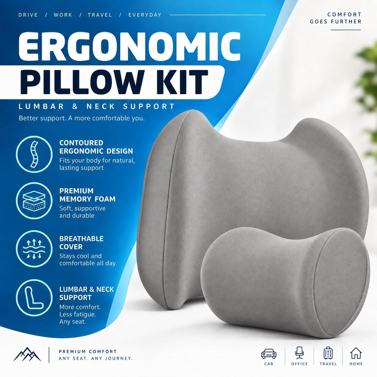 Lumbar & Neck Support Pillow Kit - Gray - Back & Neck Support Pillow for Car & Office Chair - Memory Foam Pillow - Ergonomic Pillow for Neck & Back Pain Relief