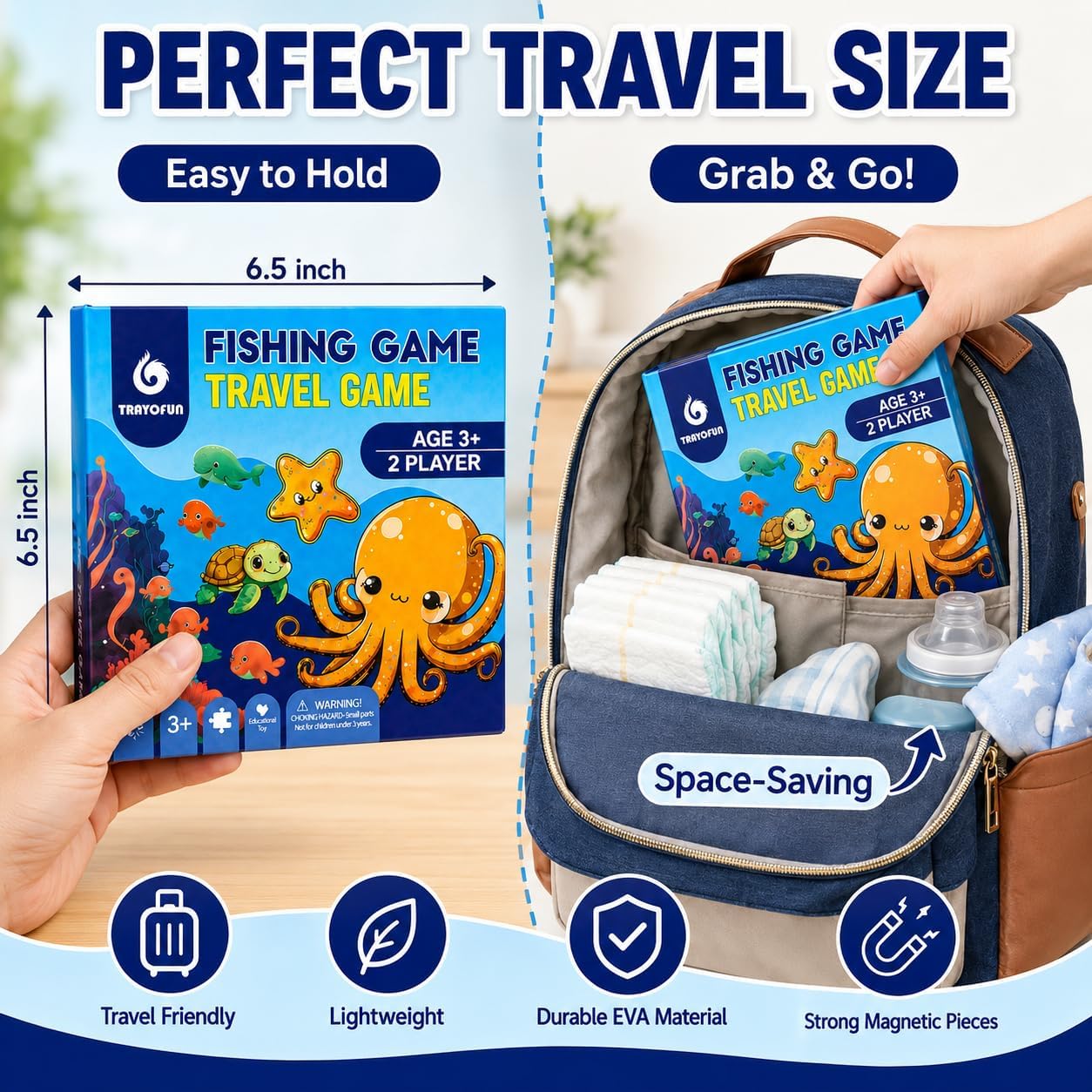 TRAVOFUN Magnetic Fishing Game Book for Kids Ages 3-8, Travel Toys for Toddlers 3-5, Road Trip and Airplane Activities, Quiet Portable Car Ride Toy with 2 Poles and 27 Ocean Fish