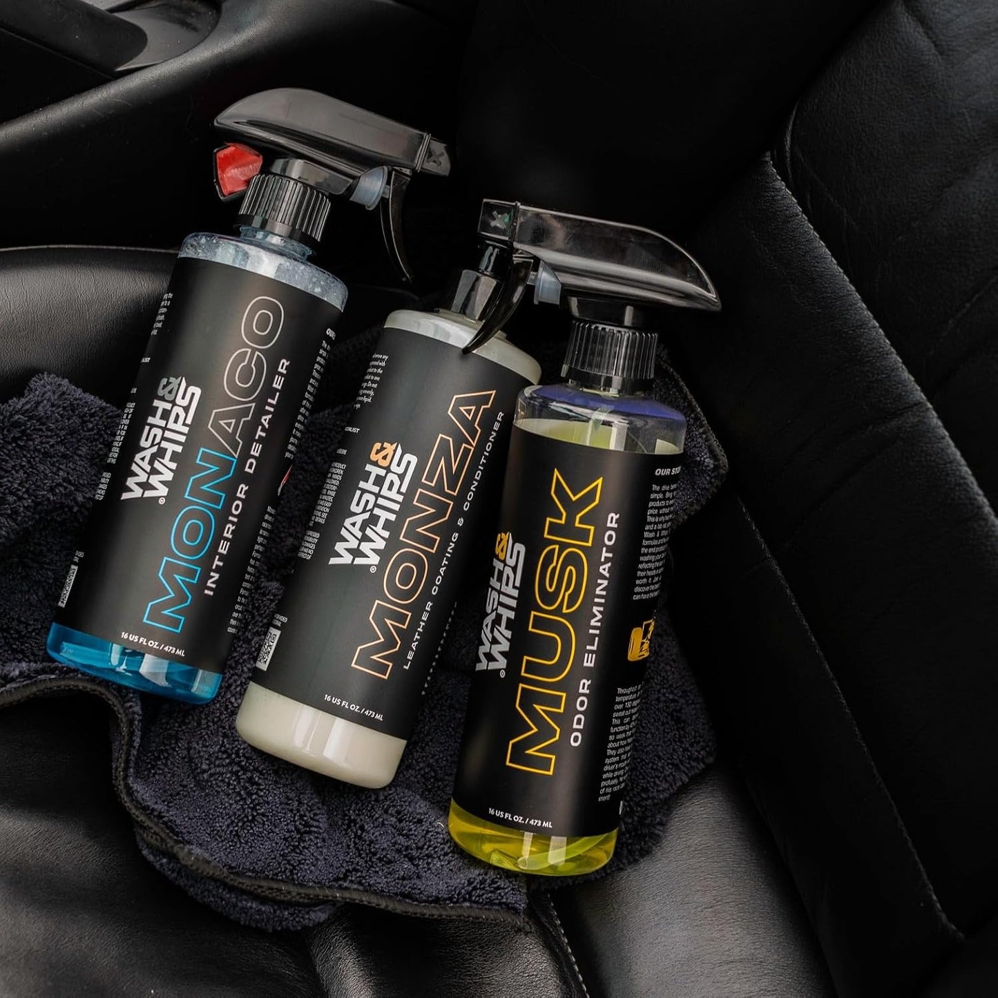 WASH&WHIPS CLEAN - Interior Car Wash Kit (Step 2) – Monaco Interior Cleaner, Musk Odor Eliminator, Monza Leather Conditioner – All-Purpose, Safe for All Surfaces, Effective for a Luxurious Finish