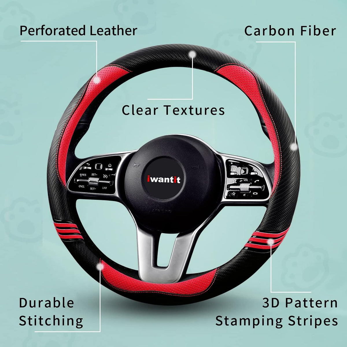 Iwantit® Premium Grip Steering Wheel Cover with Anti-Slip Rubber Ring, Made of Carbon Fiber & Breathable PU Leather, Universal Fit for 14.5-15 Inch Car and SUV (Passion Red)