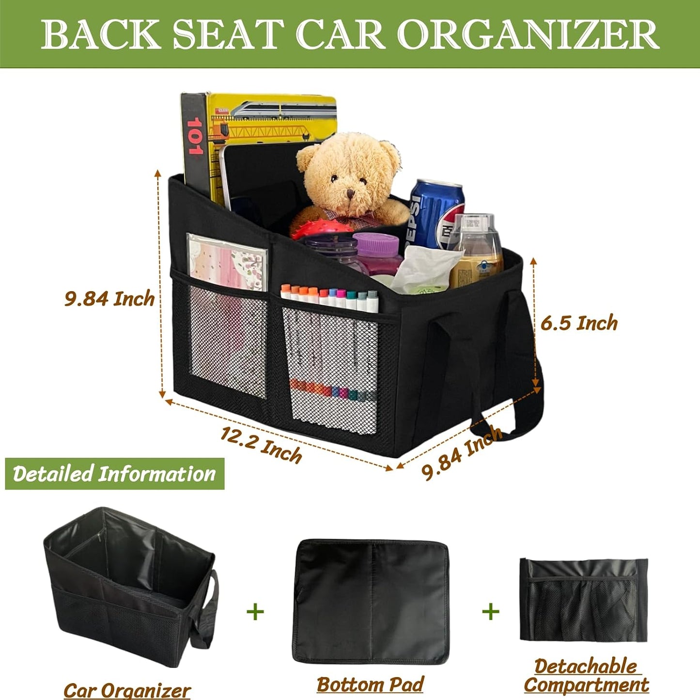 BLIRITEL Car Seat Organizer for Front & Back Seat, Passenger Seat Organizer, Small Car Seat Storage Caddy for kids & Adult with Divide, Handles and Multiple Mesh Pockets (Black)