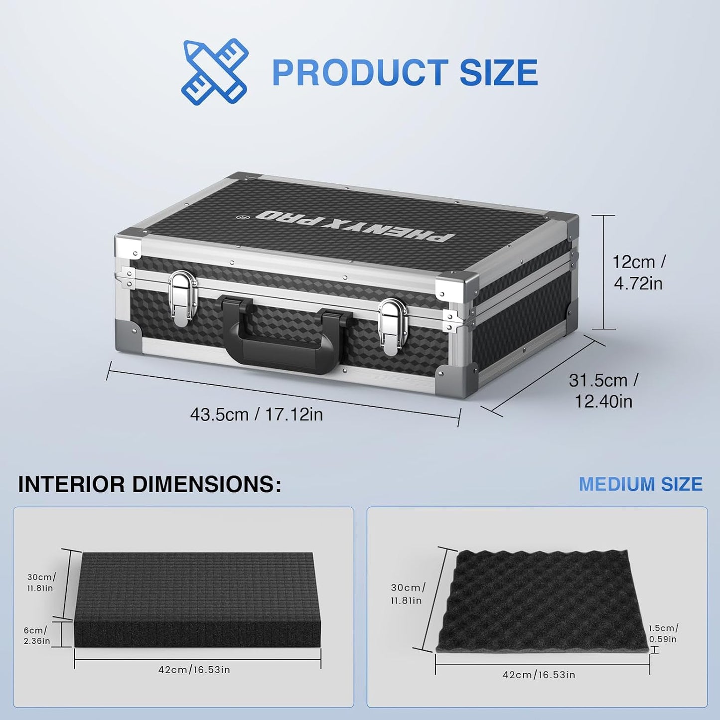 Phenyx Pro Aluminum Alloy Frame Carrying Case with One-layer Pre-Diced Pick and Pluck Foam, Ideal Single/Dual Wireless Mic Systems Transportation (Size Medium 17.1 x 12.6 x 4.1 In)