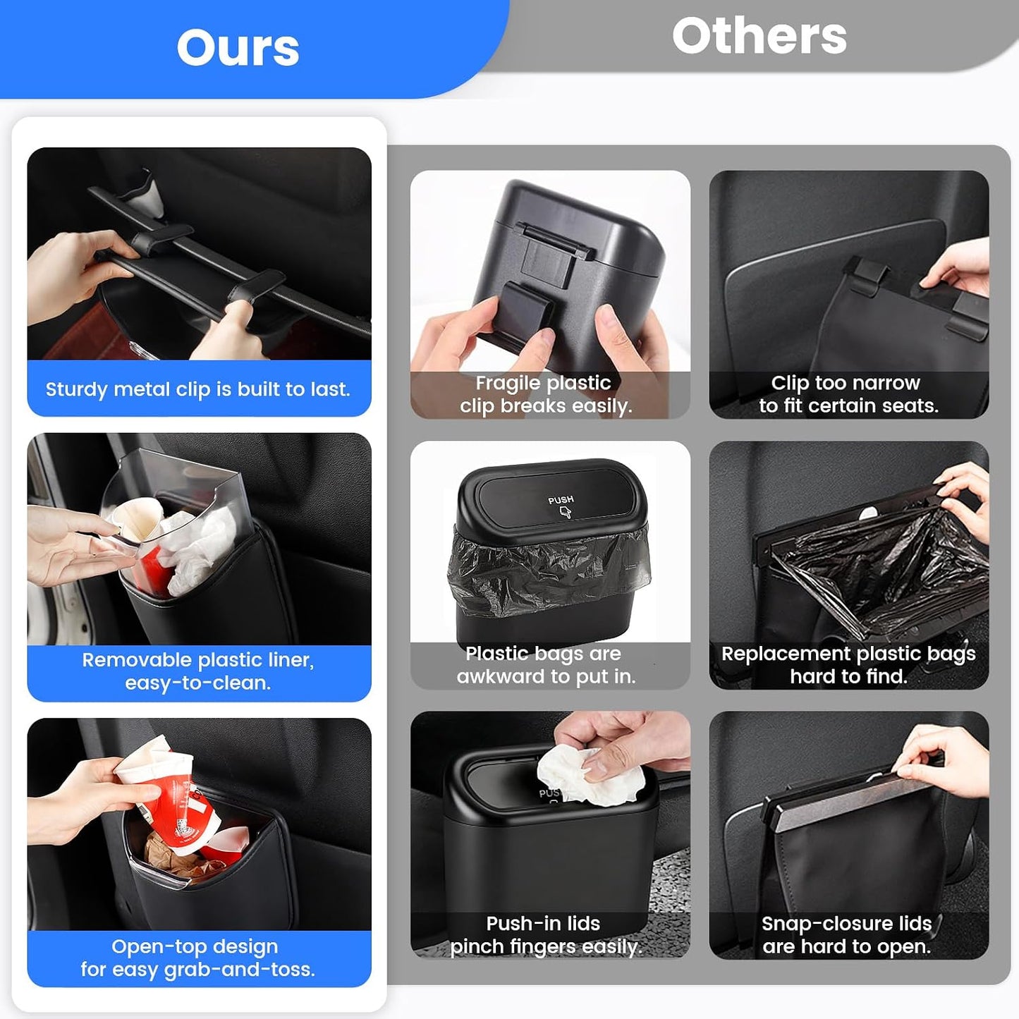 1797 Car Trash Can for Back Seat, Automotive Garbage Bin Clip on Front Seat Back, PU Leather with Leakproof Removable Plastic Liner, 0.42 Gallon Capacity for Small Trash