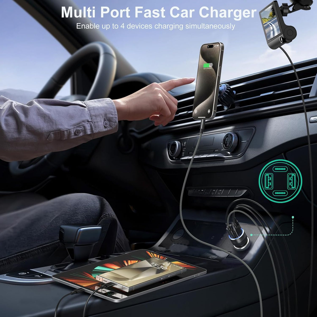 USB C Car Charger 3 Pack, 4-Port 65W Dual USB-C & USB A Car Phone Charger