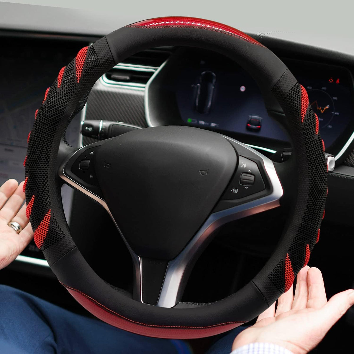 Sport Style Black Leather Steering Wheel Cover with Red Lucky-Cloud-Design Grip Steering Wheel Accessory,Universal Fit 14.5-15.25 inch Steering Wheel