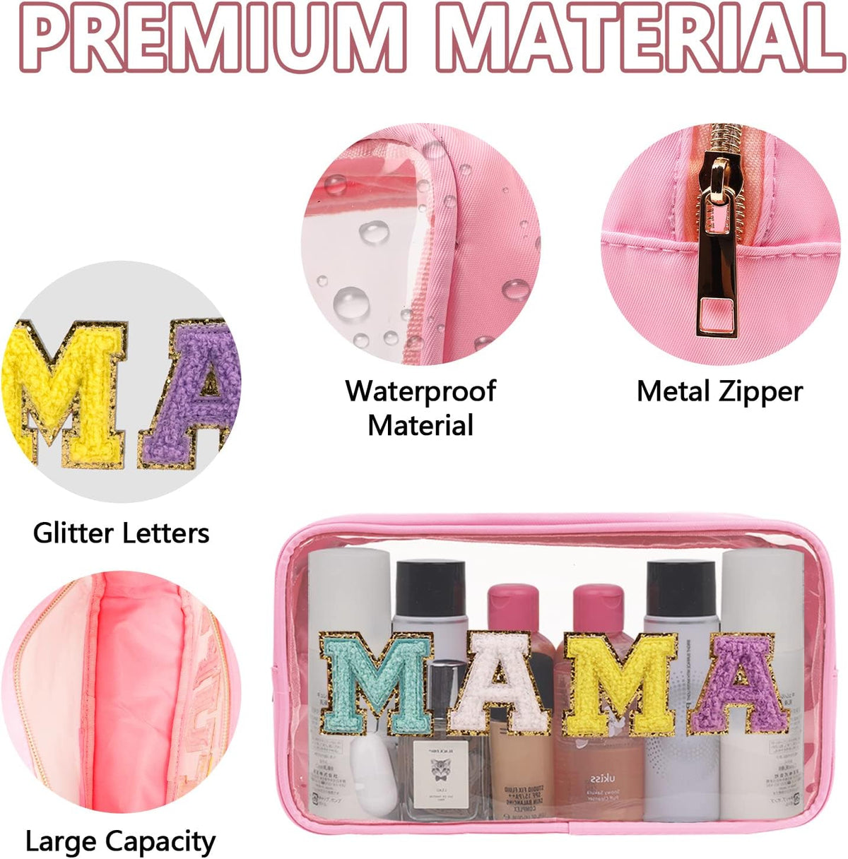 Iqimott Clear Patch Makeup Bag Mama Pouch, Preppy Personalized Chenille Letter Cosmetic Pouch for Travel, Nylon Waterproof Travel Essentials Zipper Toiletry Bags for Women Girls(MAMA, Pink)