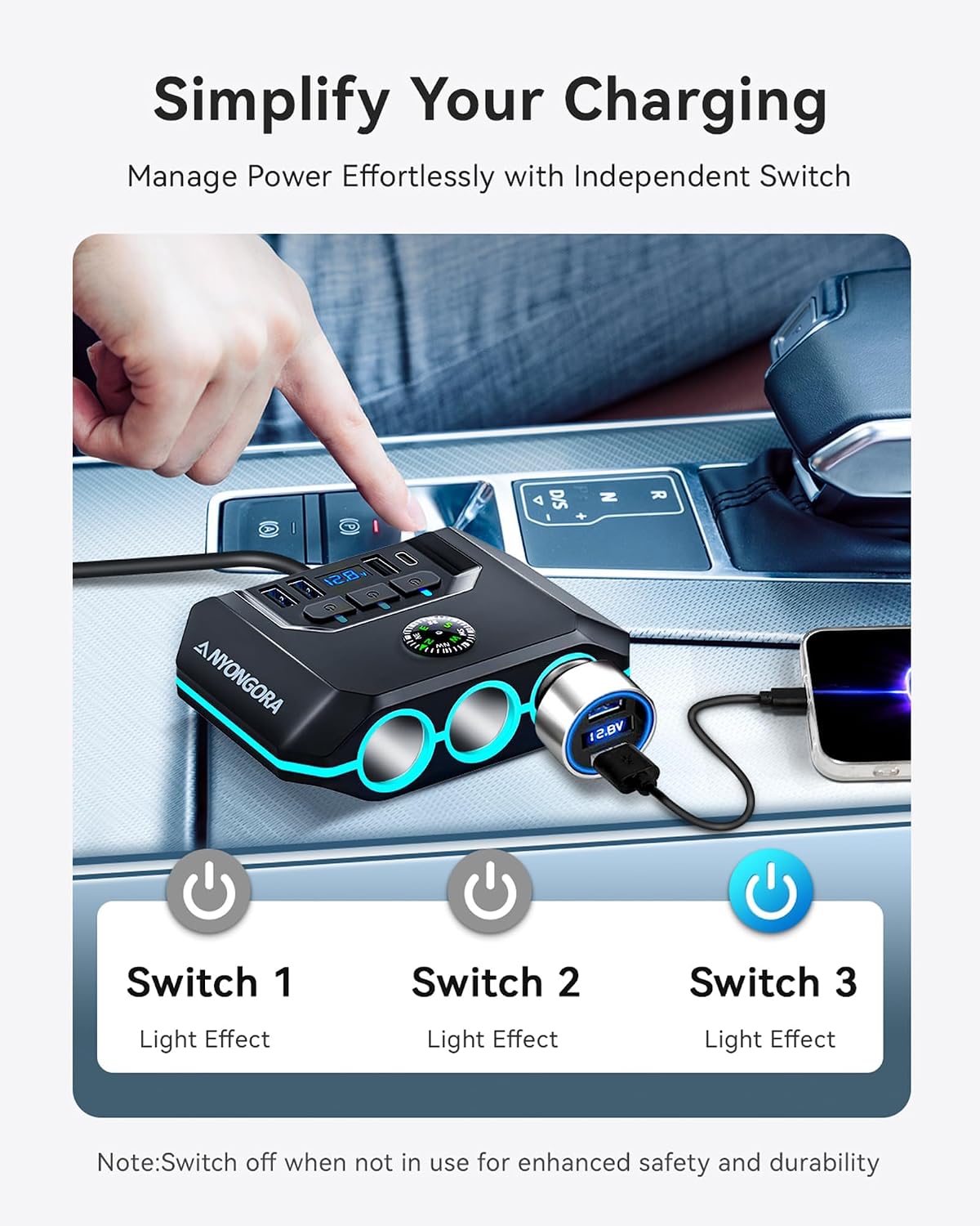Anyongora 7-in-1 Cigarette Lighter Splitter 120W, 3 Sockets & 4 USB (A/C)