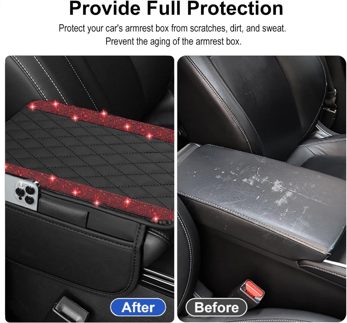 NBTEPEM Bling Car Center Console Cover, Leather Car Arm Rest Cover Cushion with 2 Storage Bags, Middle Console Cover Universal Armrest Protector Pads, Bling Accessories for Most Vehicles (Red)
