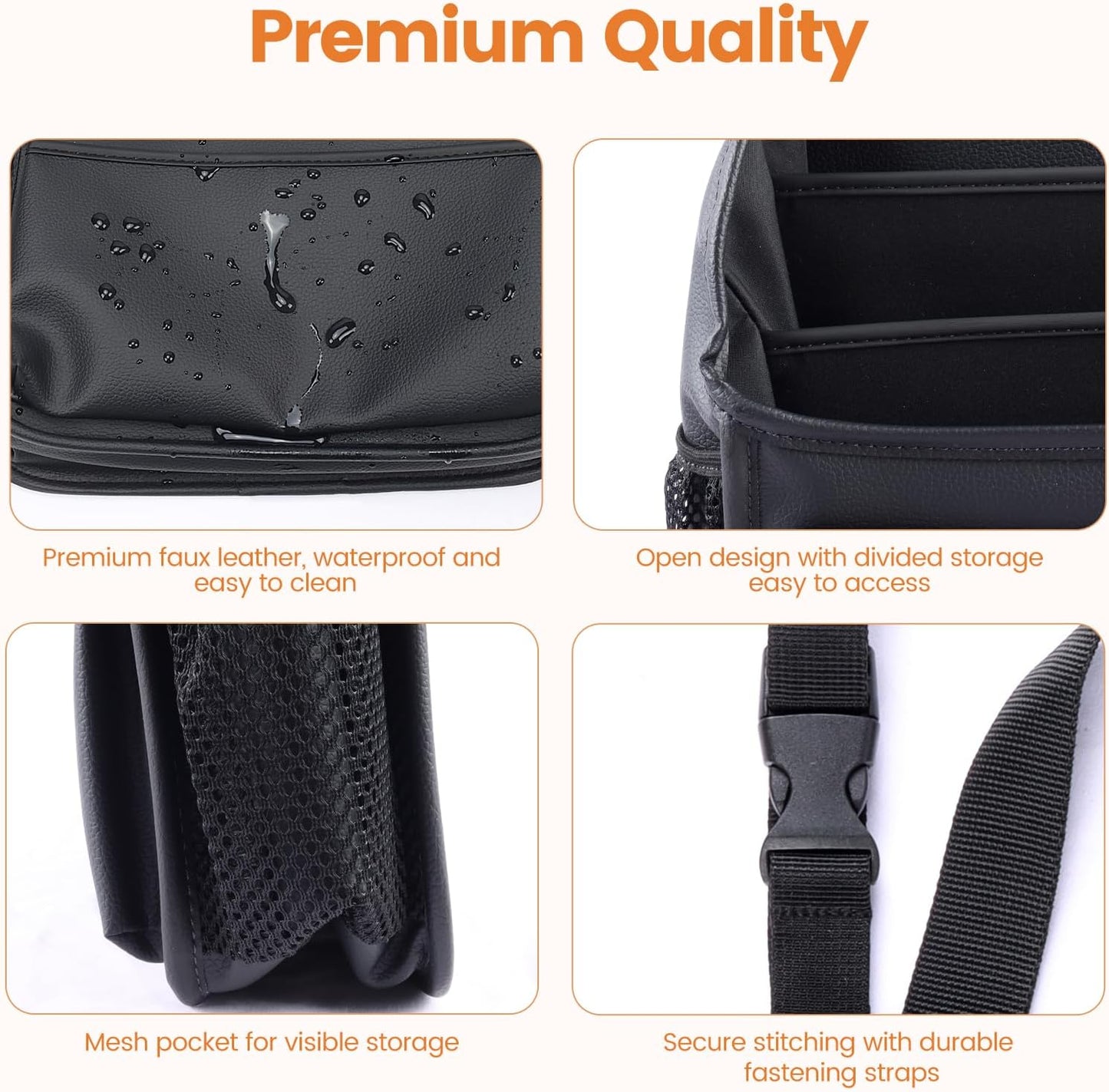 Viaviat Front Seat Organizer Car Upholstery Leather Passenger Seat Storage Bag Large Durable Car Organizer with Adjustable Strap Multiple Compartments Mesh Bags Cup Holders (black)