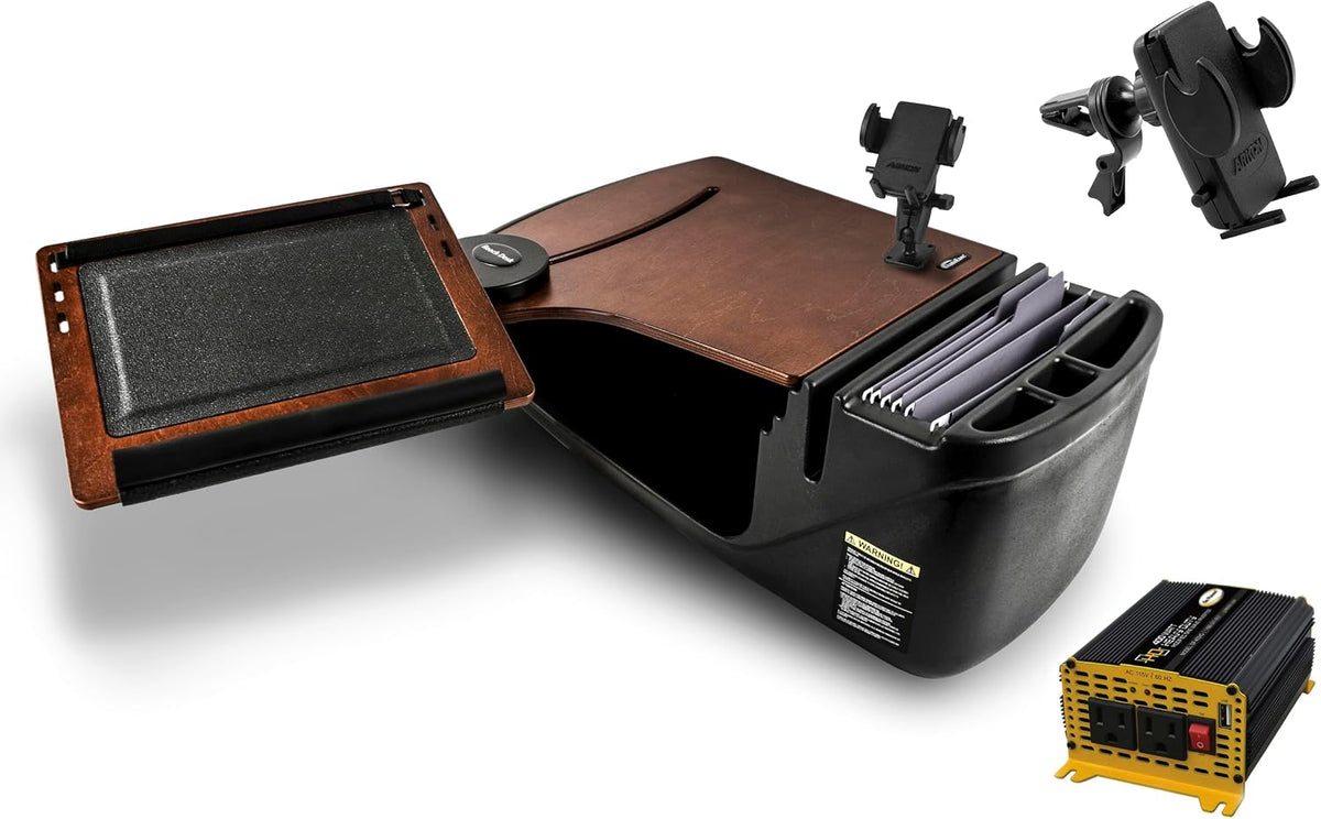 AutoExec Reach Desk Front Seat Car Desk and Portable Workstation with 400 watt Power Inverter, Phone Mount and Phone Vent Clip, Mahogany