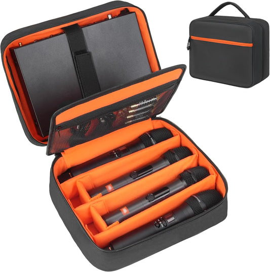 4-Slot Wireless Microphone Case, Storage Bag Compatible with JBL Partybox/Shure/TONOR Handheld Microphone System, Double Layer Wireless Mic Organizer for Receiver & Cables