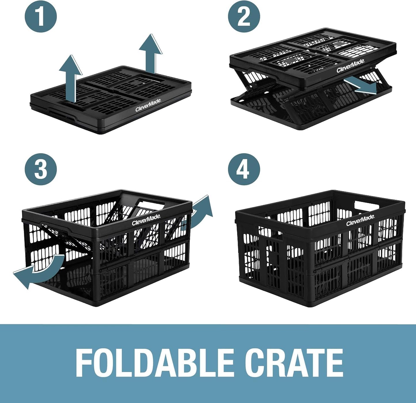 CleverMade Collapsible Milk Crate and Storage Bin - 25L Plastic Stackable Storage Bin with 45L Plastic Stackable Grated Wall Utility Container, 1 of Each – Red