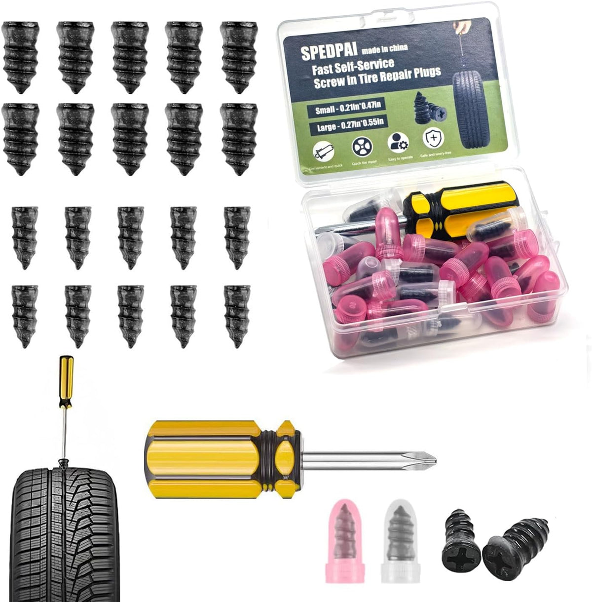 Tire Repair Rubber Nails Kit with 2 Sizes,2026 New Vacuum Screw Type Tire Plug Fast Tool with Screwdriver,Self-Service Screw in Tire Plugs Repair Tools for Car,Motorcycle,Truck,Bikes (60Pcs)