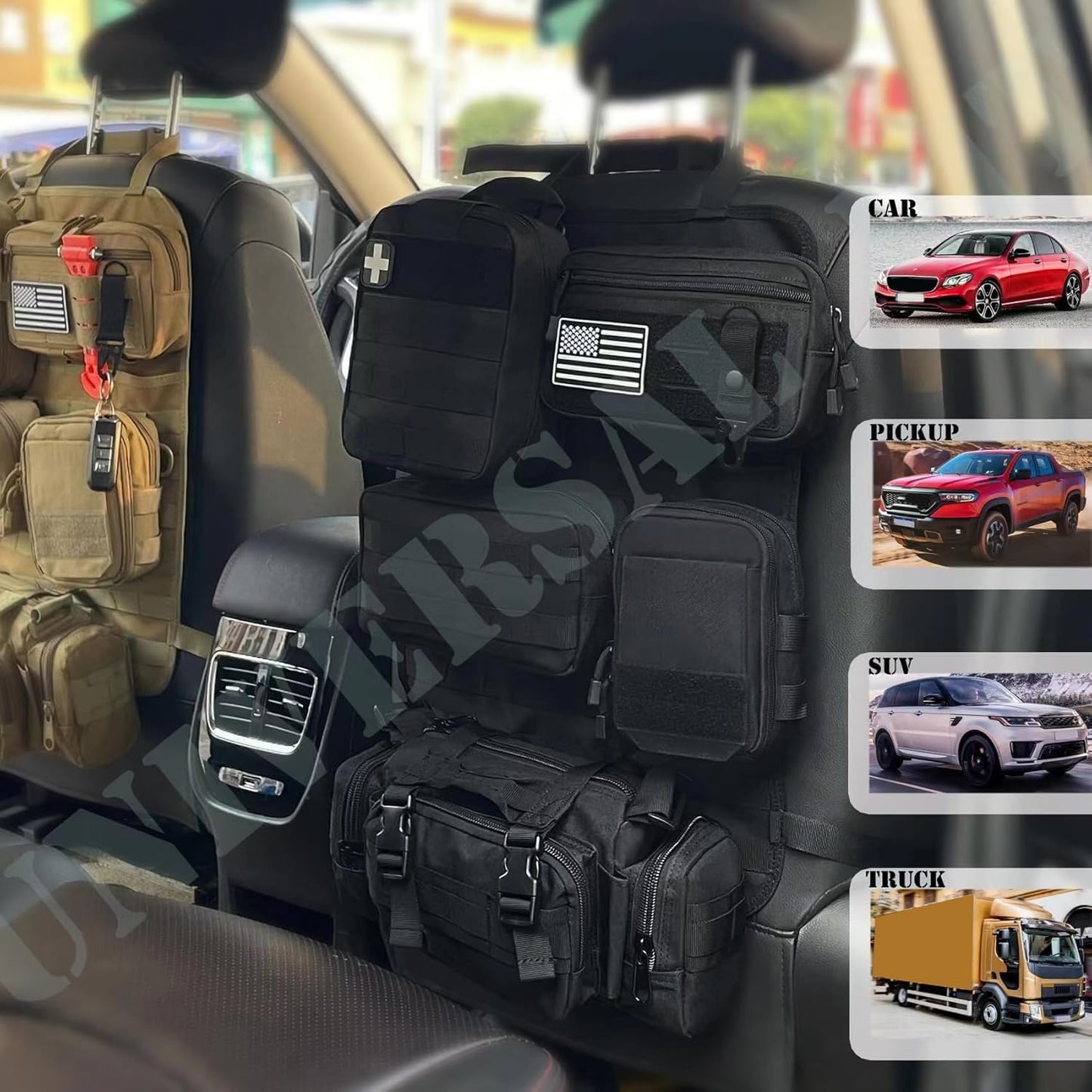 6 Pack Tactical Molle Car Seat Back Organizer,Backseat Organizer for Man | Tactical Vehicle Panel Organizer with 5 Detachable Molle Pouch,US Flag Patch and Keychain,Great Trunk Accessories