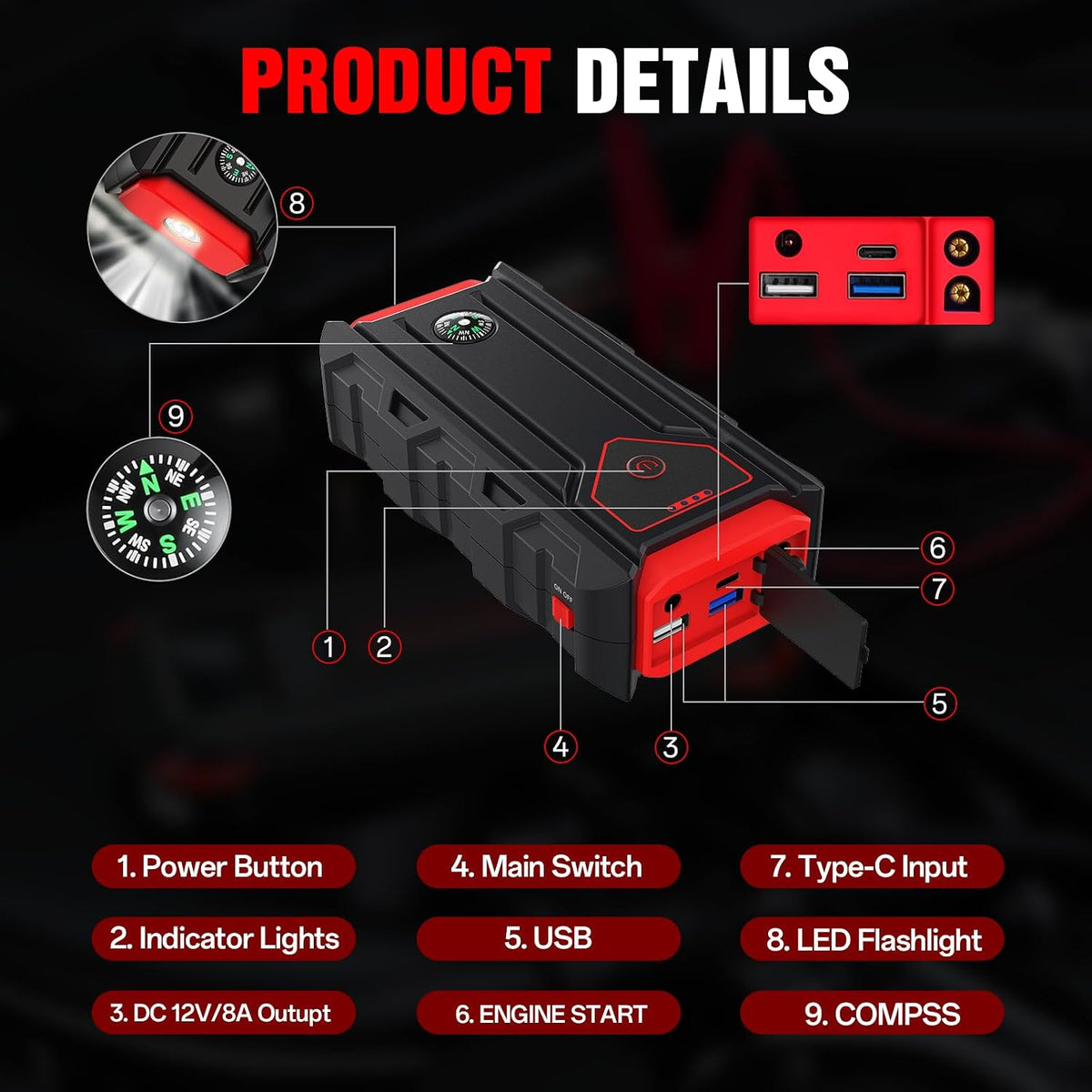 MT16 Car Jump Starter, Portable Battery Booster Pack with 74wh Capacity