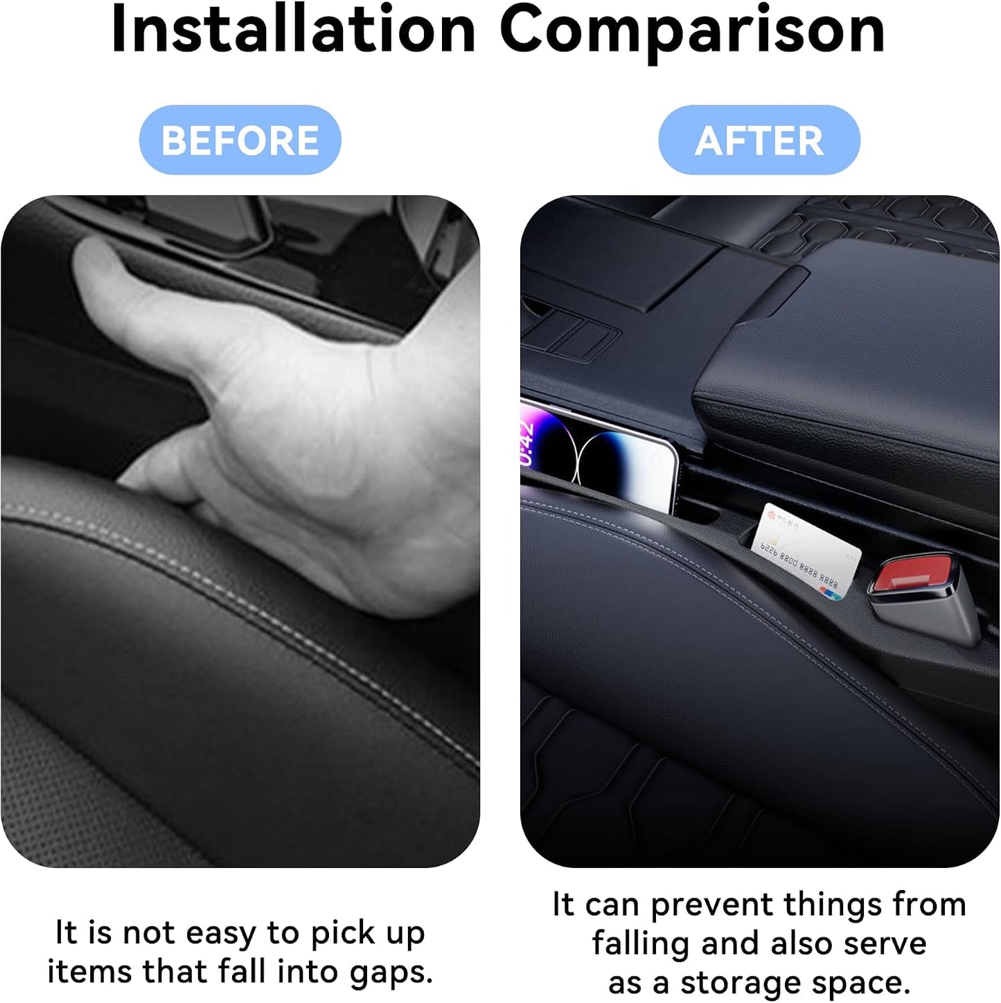2PCS Car Seat Gap Filler Organizer,Multifunctional Car Gap Filler Organizer Storages Function ,Universal Console Catcher Between Seats Cars Interior Accessories (Balck)
