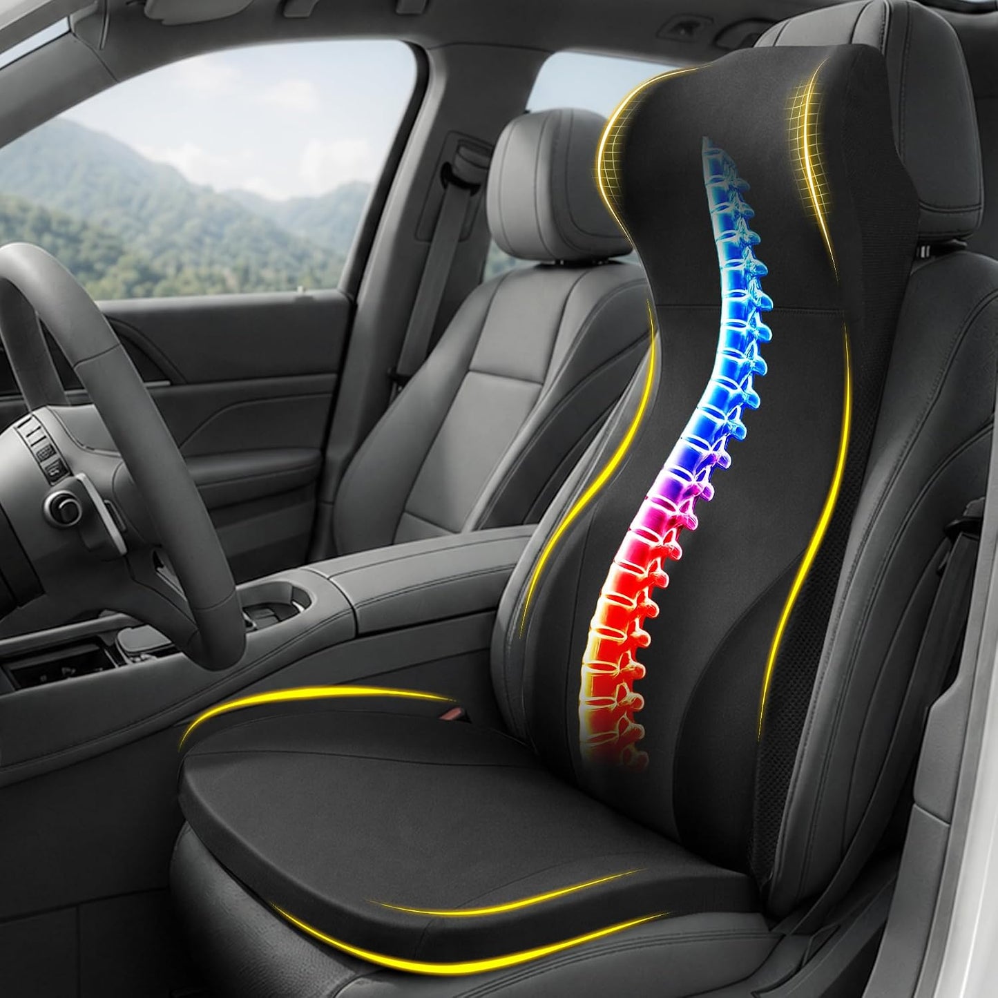 Allaboutsla 2 Piece Car Seat Cushion, Back Support with Car Headrest Pillow | 3-in-1 Memory Foam Car Seat Cushions, Car Lumbar Support with Car Neck Pillow, Seat Support for Long Driving, Trucks, Black
