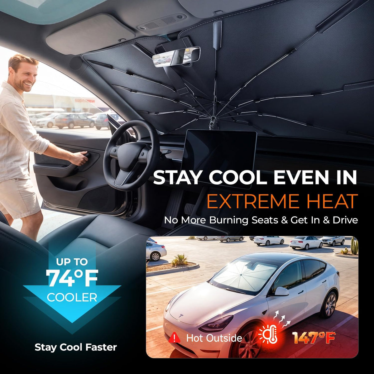 [2026 Upgraded] DooGooCoo Windshield Sun Shade Umbrella for Tesla Model Y, Model 3 [100% Sunlight Blocked, Cooling Ice Crystal] Sunshade for Car Windshield for Model Y & Model 3 Sunshade 2017-2026.