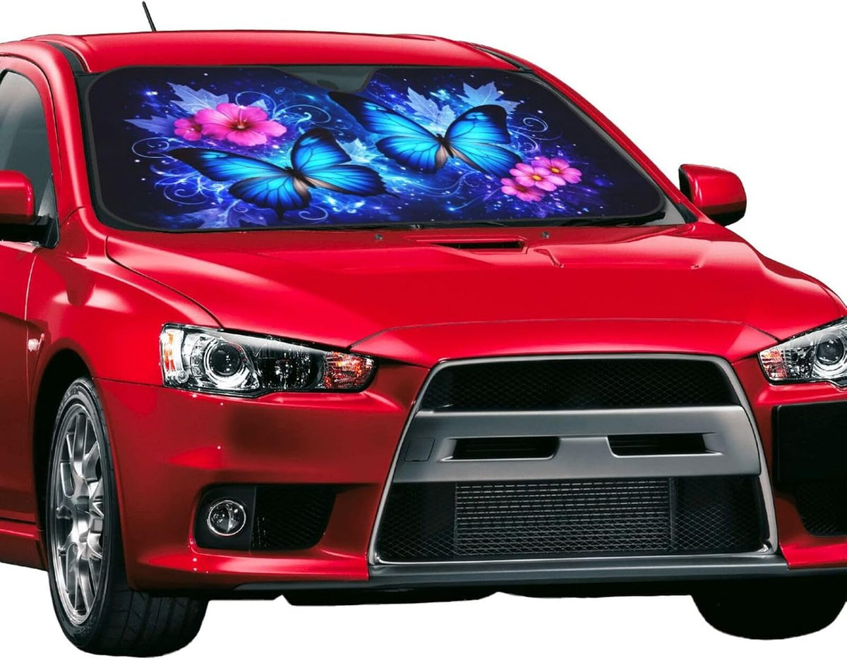 Windshield Sun Shade, UV Blocking and Keep The Vehicle Cool Car Windshield Sun Shade Foldable for Hatchback Truck SUV MPV (Blue Butterfly Floral, M)