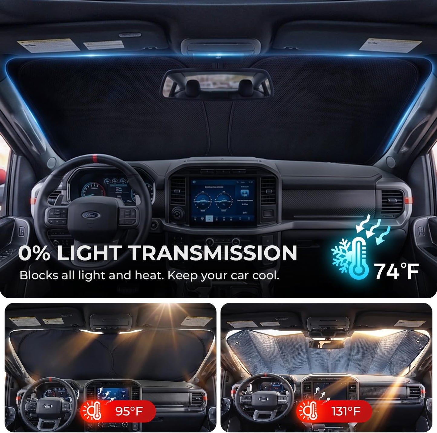[2026 Upgraded] DooGooCoo Windshield Sun Shade for RAM 1500 2500 3500 2019-2025 2026 [Cooling Ice-Crystal, 100% Sun Block] Car Sun Shade Windshield for Truck RAM 1500 Sun Shade, Custom for RAM Front.
