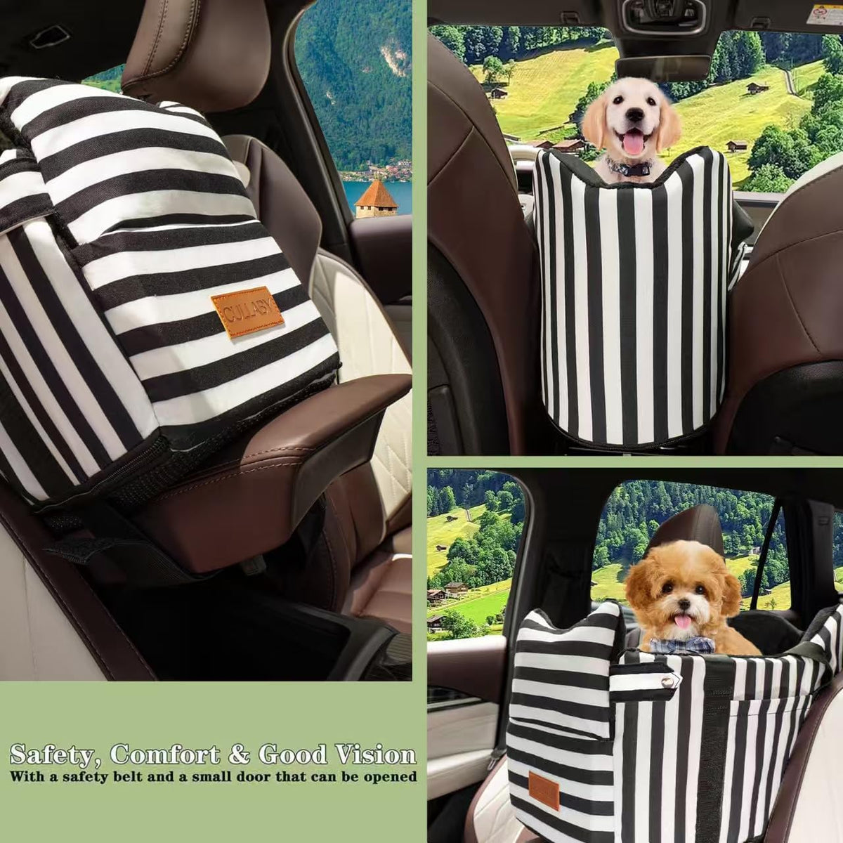 Dog Car Seat for Small Dogs Under 15 lbs – Center Console Pet Carrier with Safety Belt, Storage Pockets, Removable Washable Cover – B&W Stripes, Secure & Comfortable for Small Puppies/Cats