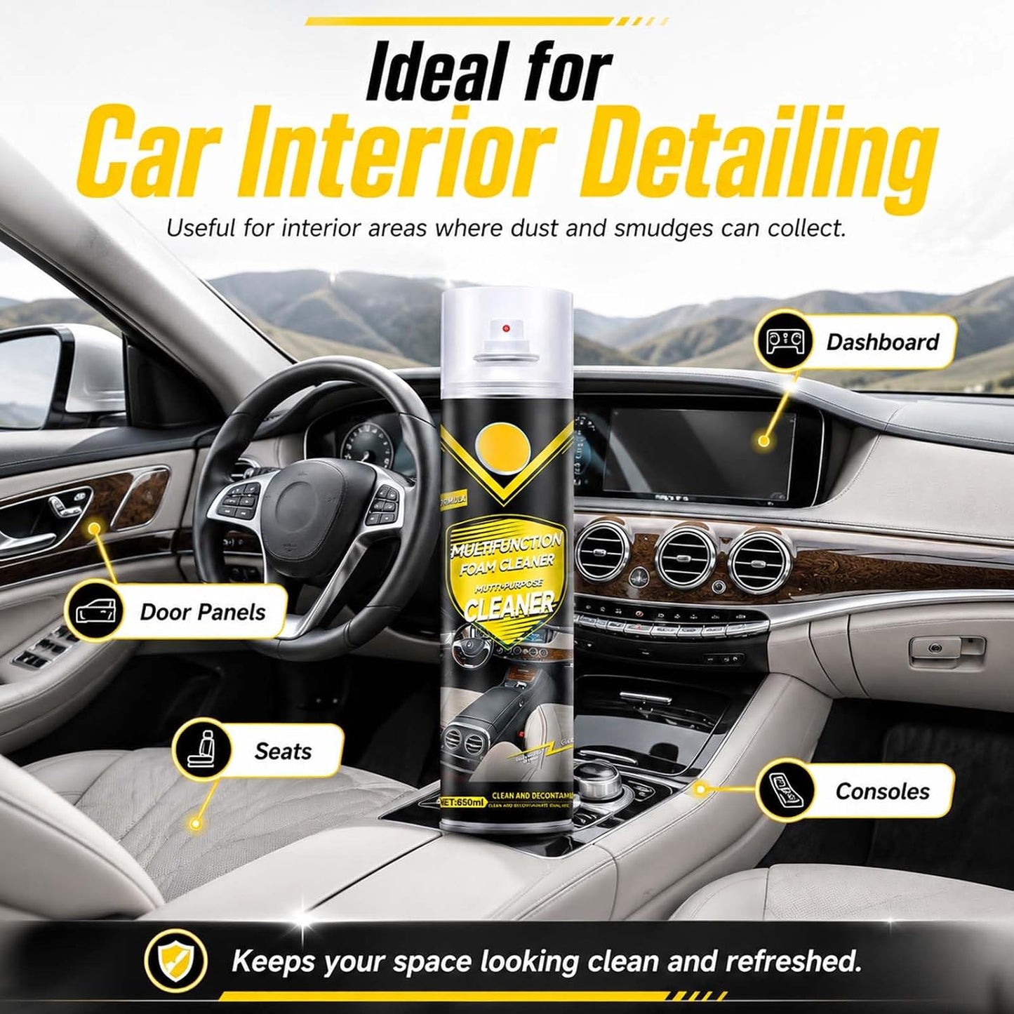 Multifunctional Foam Cleaner Spray for Car Interior & Home Surfaces, Multi-Surface Cleaning Foam for Fabric, Finished Leather, Plasticwith Sponge and Towel, 650ml (1)