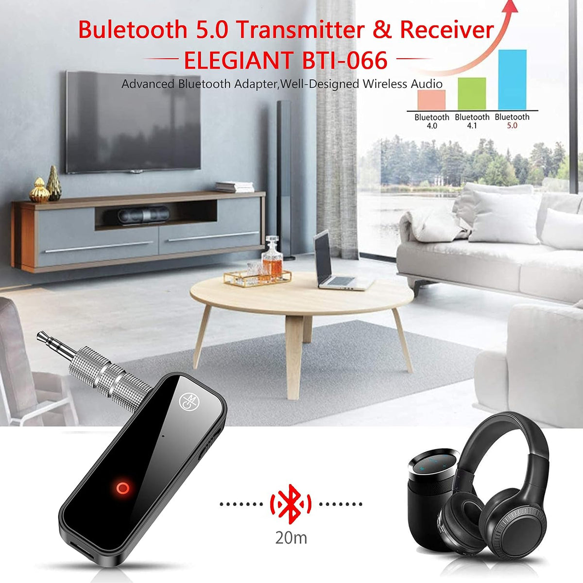 Bluetooth 5.0 Receiver for Car,Noise Cancelling Bluetooth AUX Adapter,3.5mm Jack Aux Reciever, 2-in-1 Wireless TransmitterSuitable for Speakers/Headphones/Home Music Streaming Stereo/car/pc