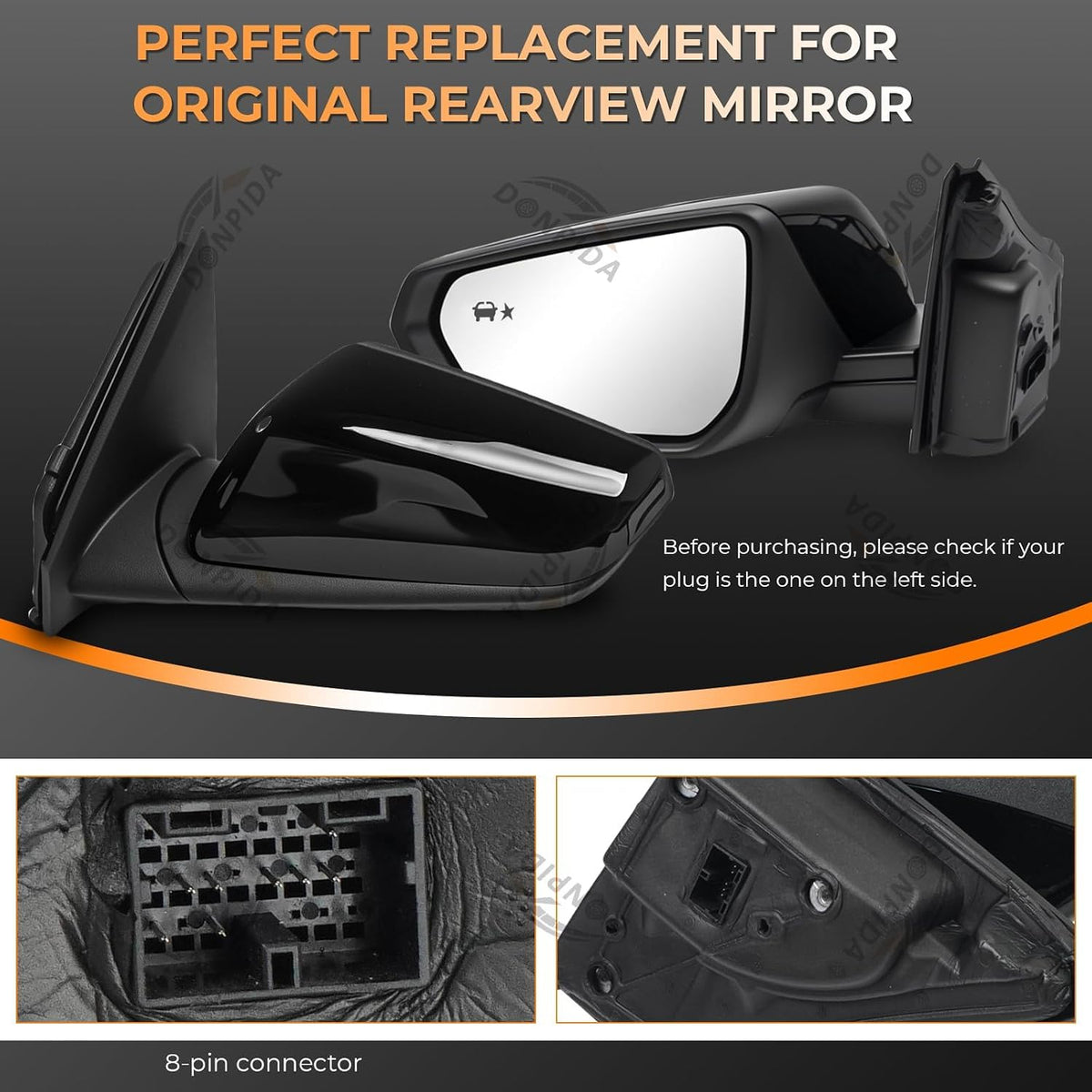Left Driver Side Mirror Assembly Compatible with Chevy Equinox GMC Terrain 2018-2024 with Heated, Blind Spot Monitor, Turn Signal & Power Adjustable Glass Replaces 84225386 (8 Pins）