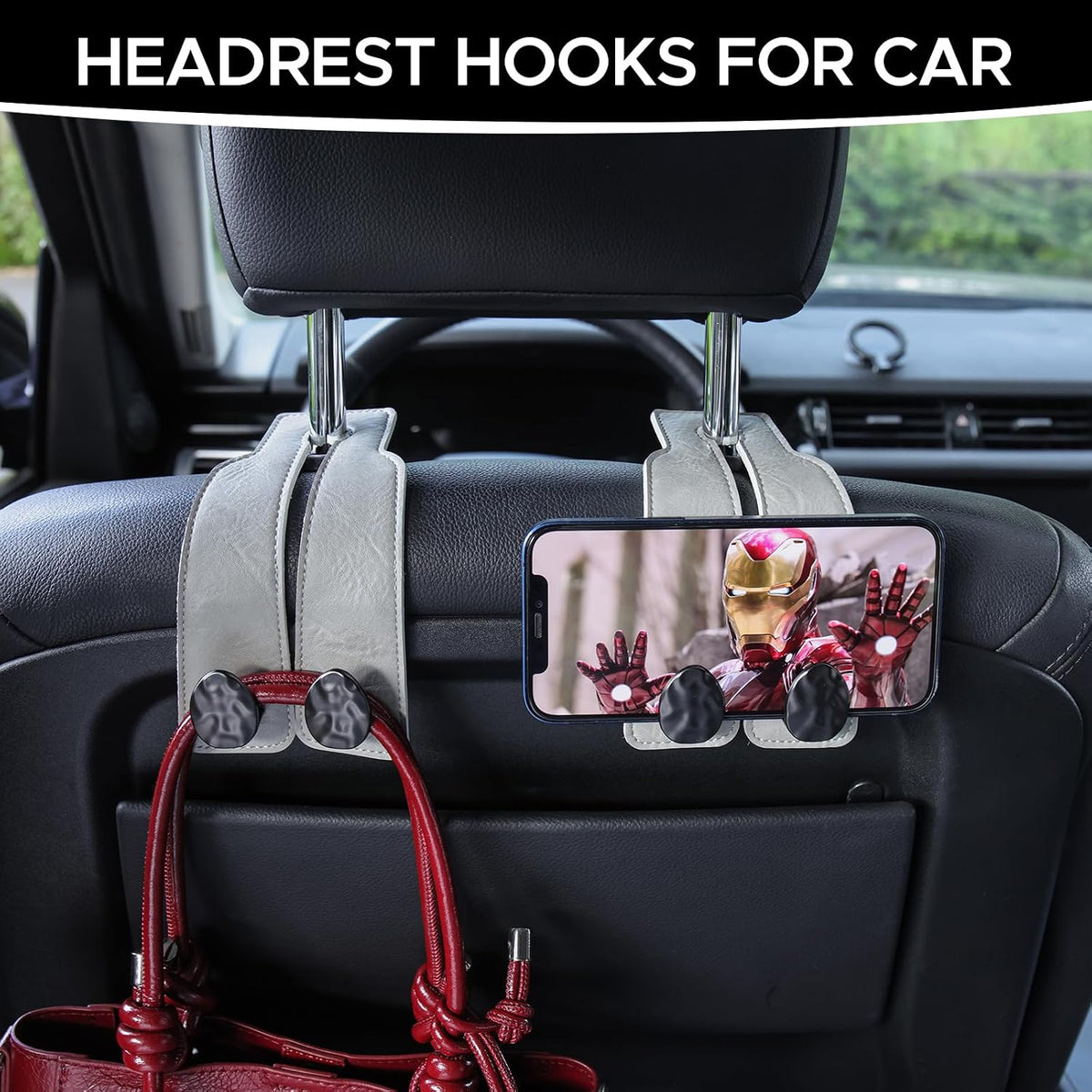 Leather Car Purse Hook for Headrest, 4 Pack, Grey-Black