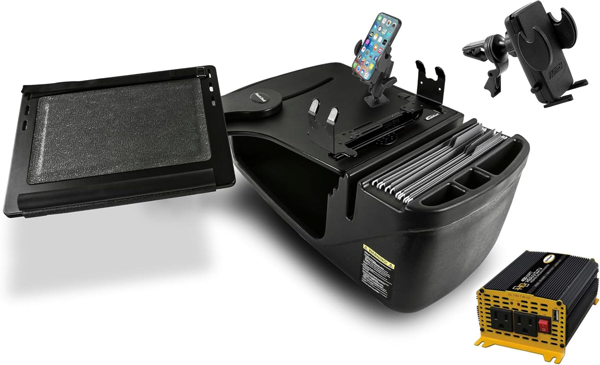 AutoExec Reach Desk Front Seat Car Desk and Portable Workstation with Phone Mount, Printer Stand and Phone Vent Clip, Black