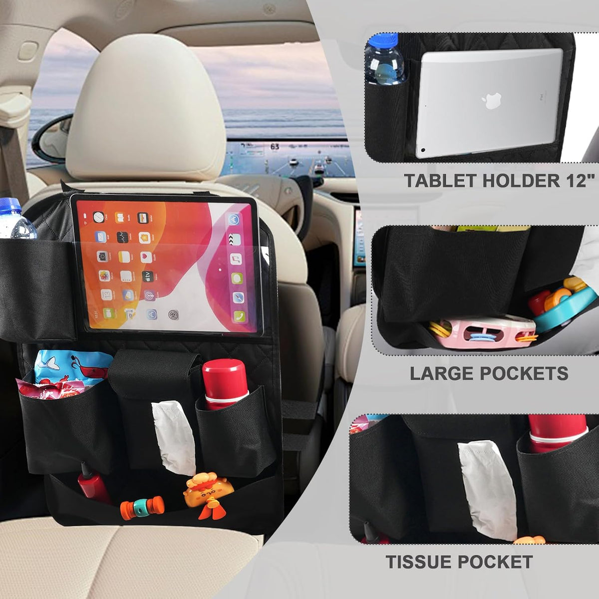XDV Car Seat Organizers,Multi-functional Back Seat Protectors, Storage Pouches, Child kicking prevention and Tray Holders Kick Mats Back (for Cars, Kids,and Rear Seats) (Black, 2 Pack)