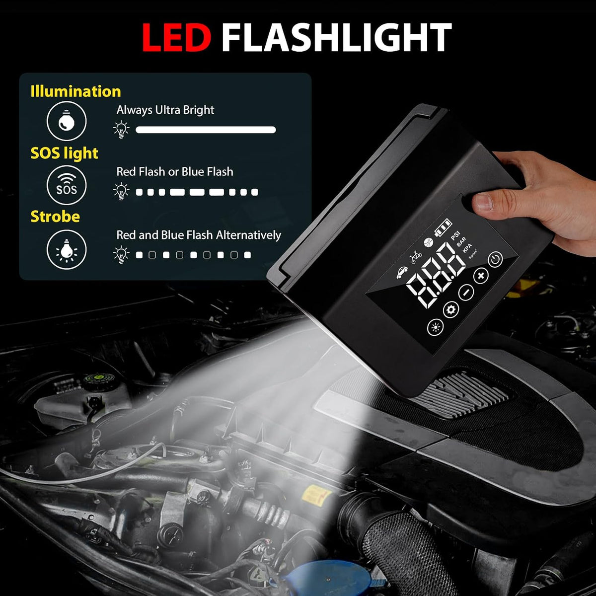 Portable Car Jump Starter with Air Compressor, 150PSI 3500A Car Battery Jump Starter 12V Car Battery Jumper Starter with Large LCD Display, Lights